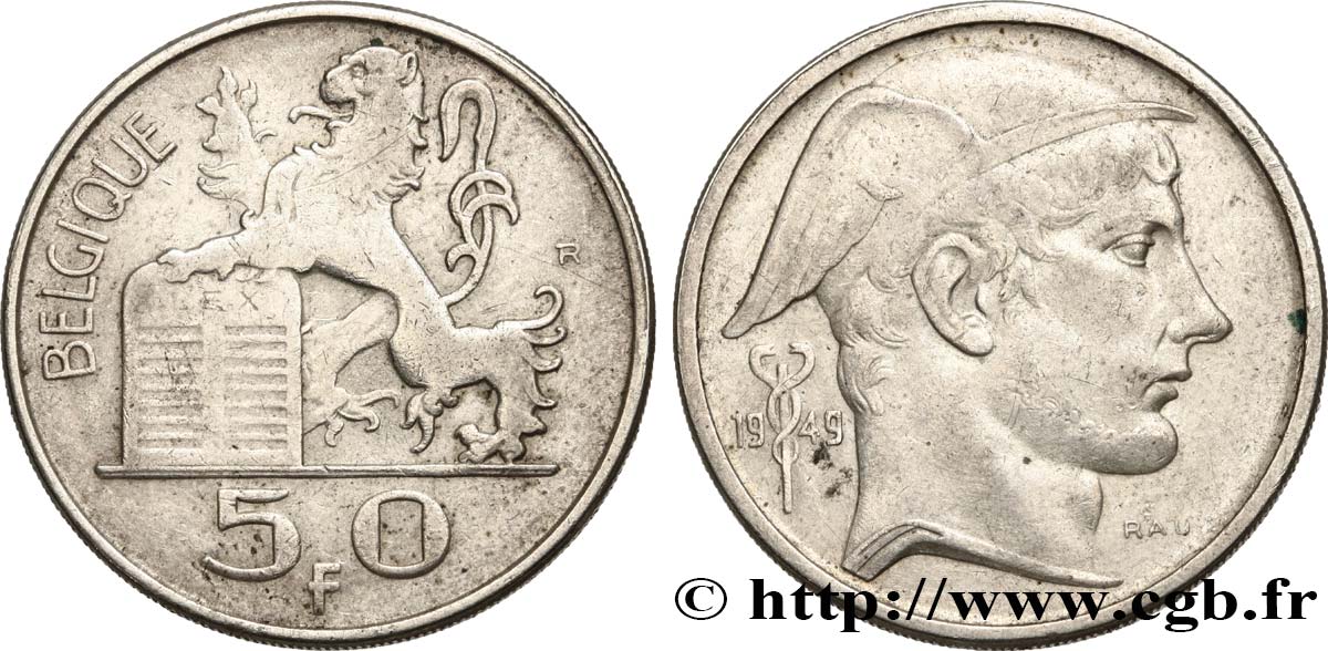 BELGIUM 50 Francs Mercure, légende française 1949  XF 