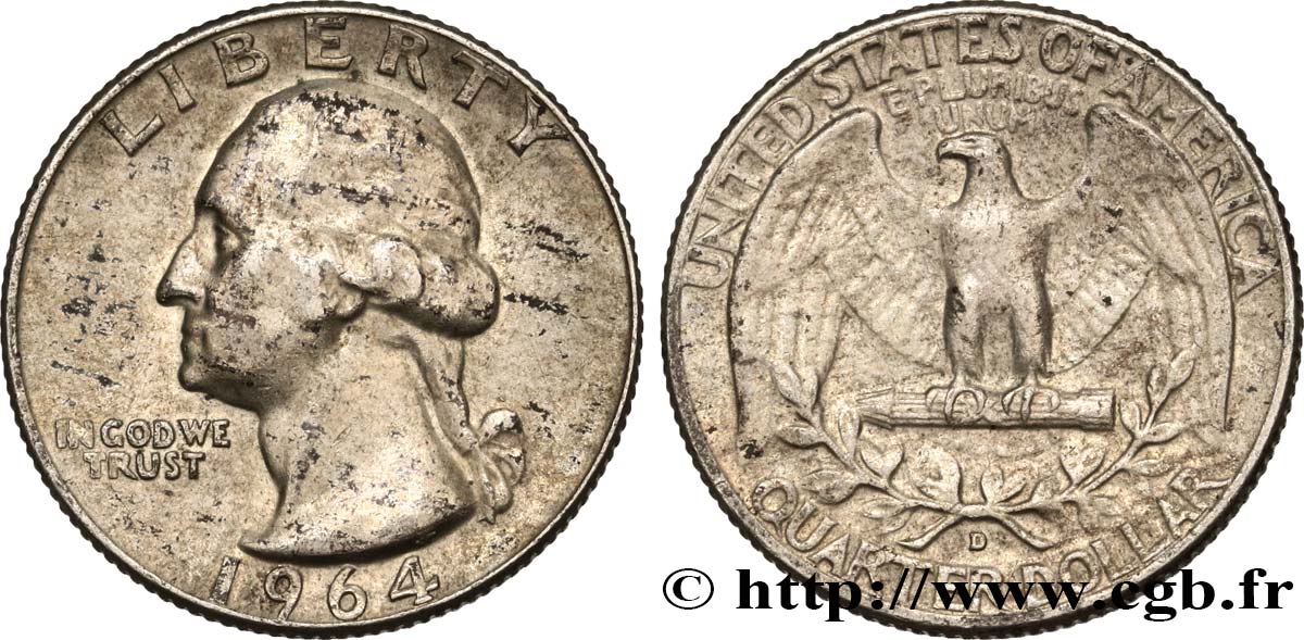 ÉTATS-UNIS D AMÉRIQUE 1/4 Dollar Georges Washington 1964 Denver TTB 