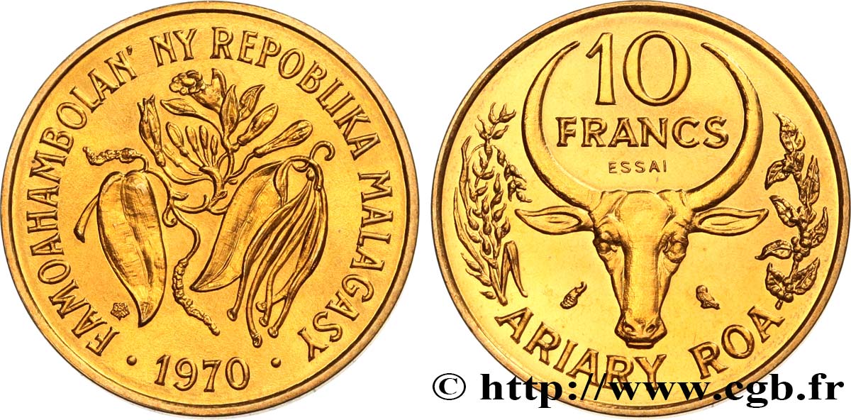MADAGASCAR Essai de 10 Francs - 2 Ariary  1970 Paris SPL 