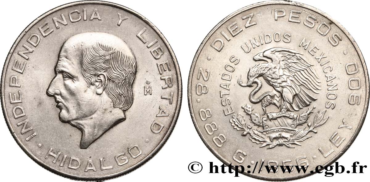MÉXICO 10 Pesos Miguel Hidalgo y Costilla 1956 Mexico EBC 