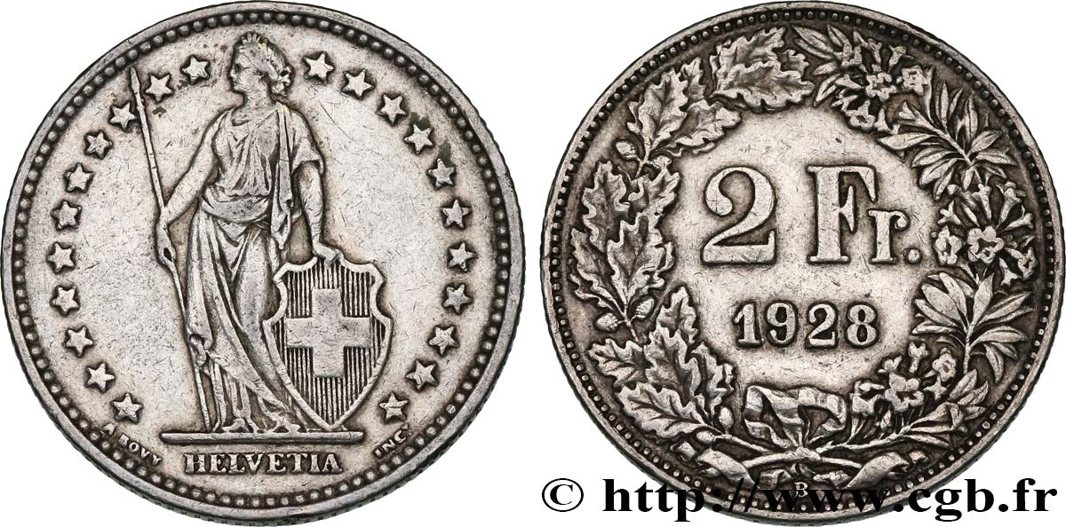 SCHWEIZ 2 Francs Helvetia 1928 Berne - B SS 