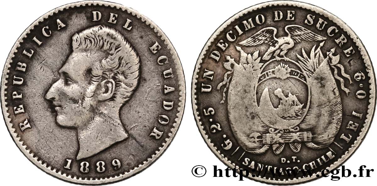 ÉQUATEUR 1 Decimo de Sucre Antonio Jose de Sucre 1889  TB 
