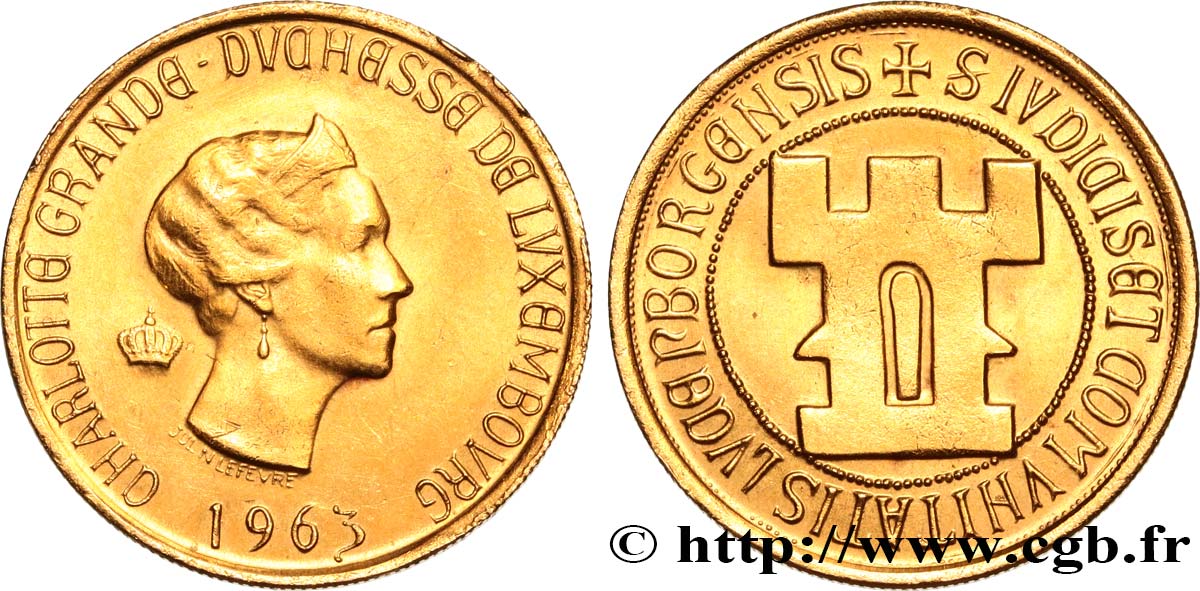 LUXEMBOURG Médaille en or Grande-Duchesse Charlottte, module de 20 Francs or 1963 Bruxelles MS 