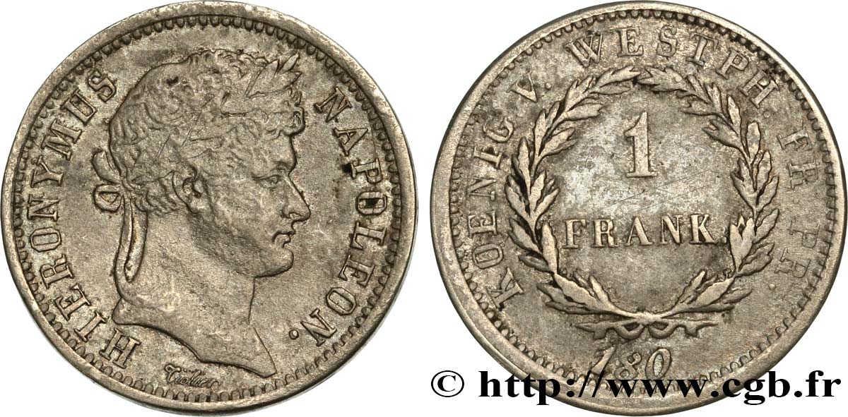 GERMANY - KINGDOM OF WESTPHALIA - JÉRÔME NAPOLÉON 1 Frank, épreuve en bronze argenté 180  VF 