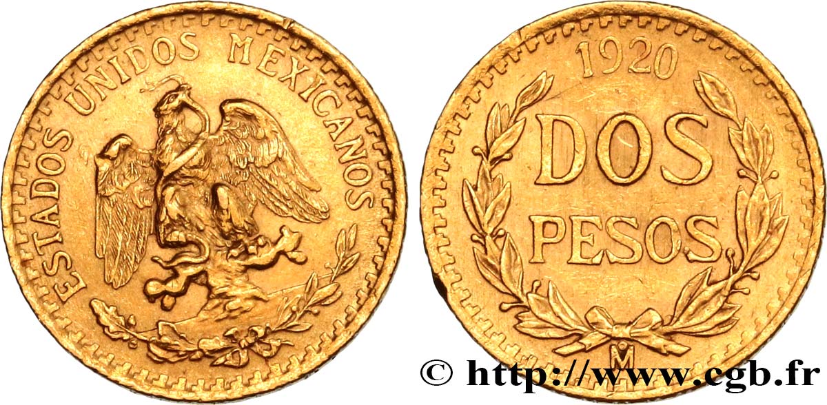 MEXIQUE 2 Pesos or Aigle du Mexique 1920 Mexico TTB+ 