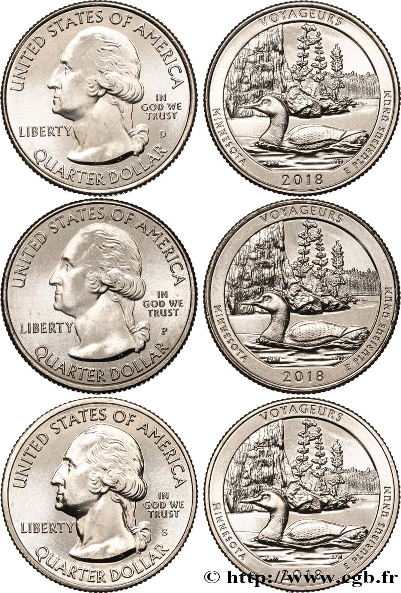 UNITED STATES OF AMERICA Lot de trois 1/4 Dollar Voyageurs National Park - Minnesota 2018 Philadelphie-Denver-San Francisco MS 