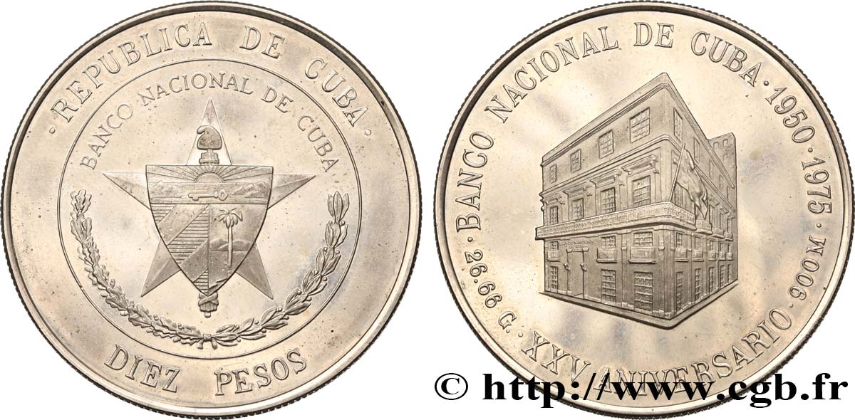 CUBA 10 Pesos Proof 25e anniversaire de la banque centrale 1975  MS 