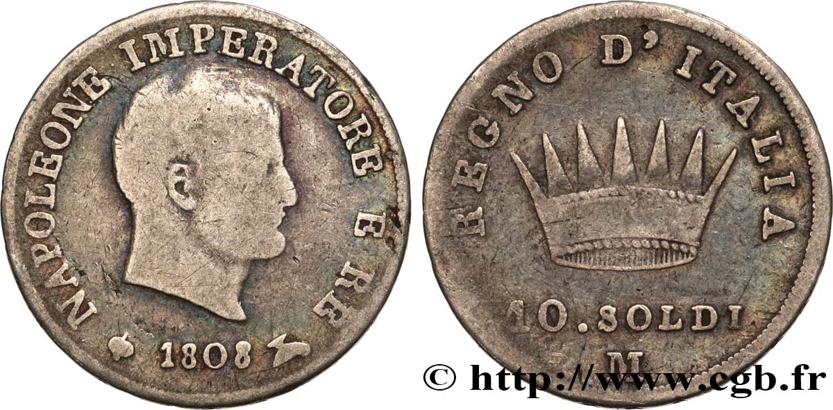 ITALIE - ROYAUME D ITALIE - NAPOLÉON Ier 10 soldi Napoléon Empereur et Roi d’Italie 1808 Milan TB20 