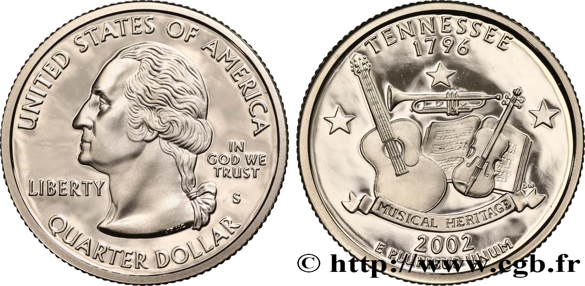 STATI UNITI D AMERICA 1/4 Dollar Tennessee  Musical Heritage  - Silver Proof 2002 San Francisco MS 