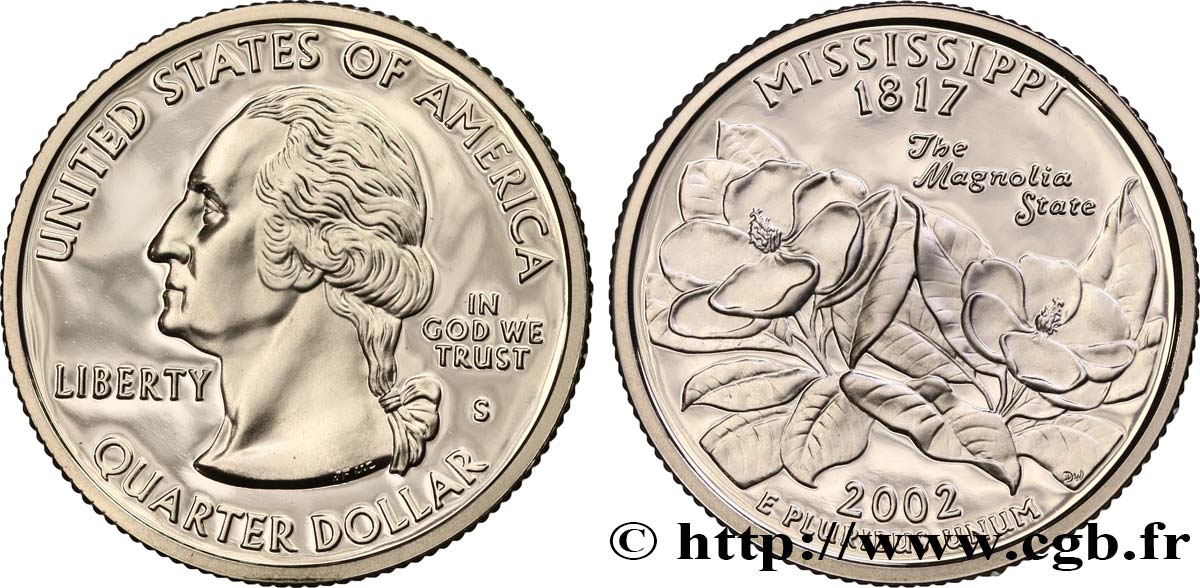 STATI UNITI D AMERICA 1/4 Dollar Mississippi The ‘magnolia state’ - Silver Proof 2002 San Francisco MS 