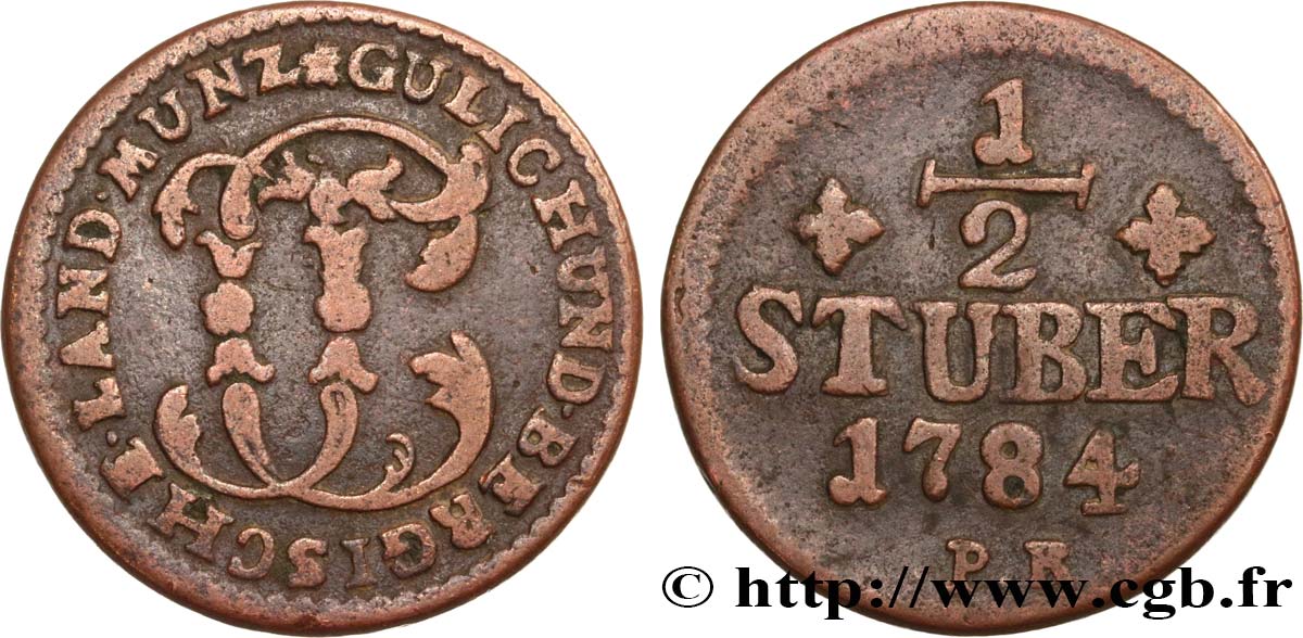 ALLEMAGNE - JULIERS-BERG 1/2 Stuber Duché de Jülich-Berg monogramme de Carl Théodore de Bavière 1784 Düsseldorf TB 