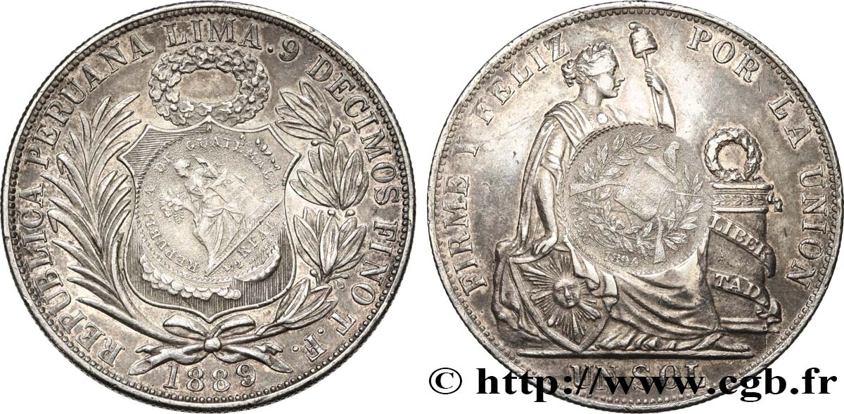 REPUBLIC OF GUATEMALA Peso, contremarqué sur une 1 Sol du Pérou 1889 1894 Lima AU 