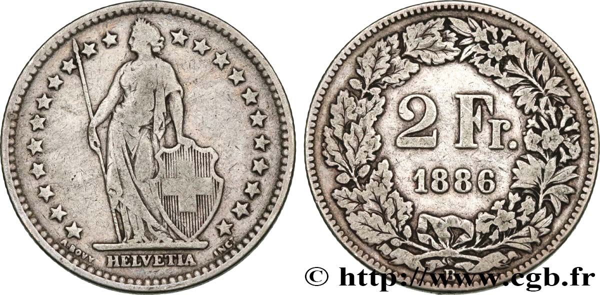 SUIZA 2 Francs Helvetia 1886 Berne BC 