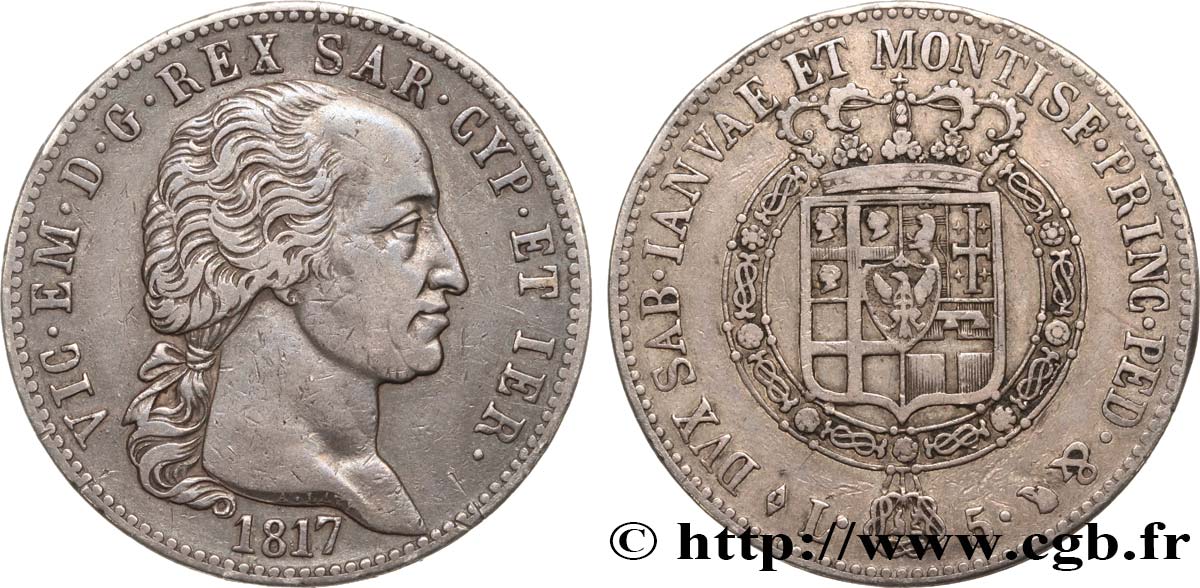 ITALY - KINGDOM OF SARDINIA - VICTOR-EMMANUEL I 5 Lire 1817 Turin XF 
