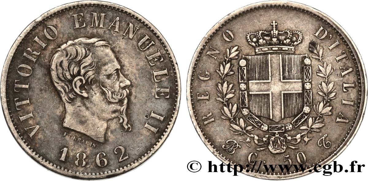 ITALIA 50 Centesimi Victor Emmanuel II
 1862 Turin q.SPL 