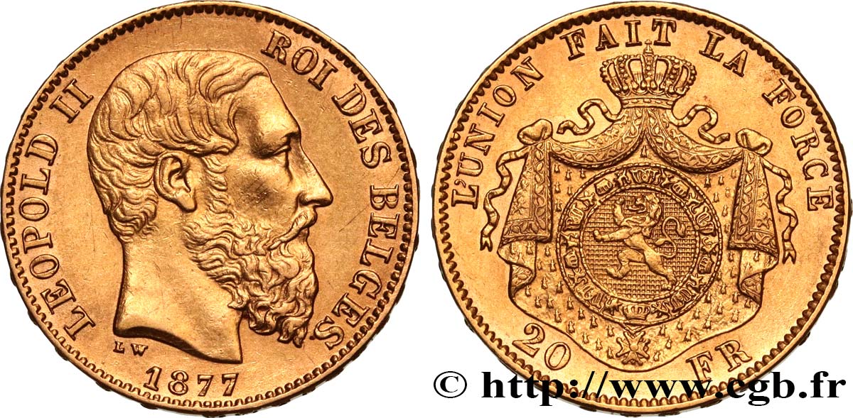 OR D INVESTISSEMENT 20 Francs Léopold II 1877 Bruxelles SUP 
