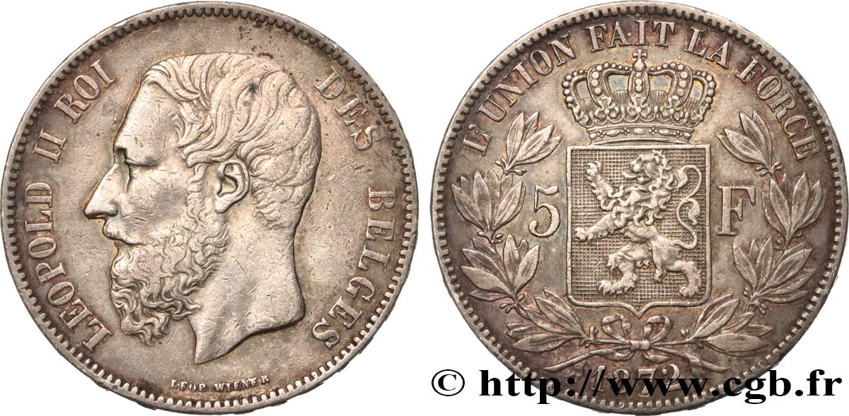 BELGIUM 5 Francs Léopold II 1872  XF 