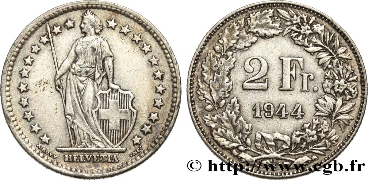 SCHWEIZ 2 Francs Helvetia 1944 Berne SS 