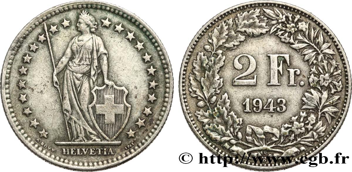 SUISSE 2 Francs Helvetia 1943 Berne TTB+ 