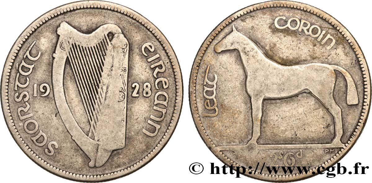 IRELAND - FREE STATE 1/2 Crown harpe / cheval type SAORSTAT EIREANN (état libre d’Irlande) 1928  VF 