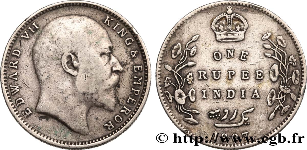INDIA BRITÁNICA 1 Rupee (Roupie) Edouard VII 1907 Calcutta BC 