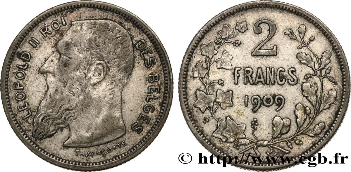 BELGIQUE 2 Francs Léopold II légende française 1909  TB+ 