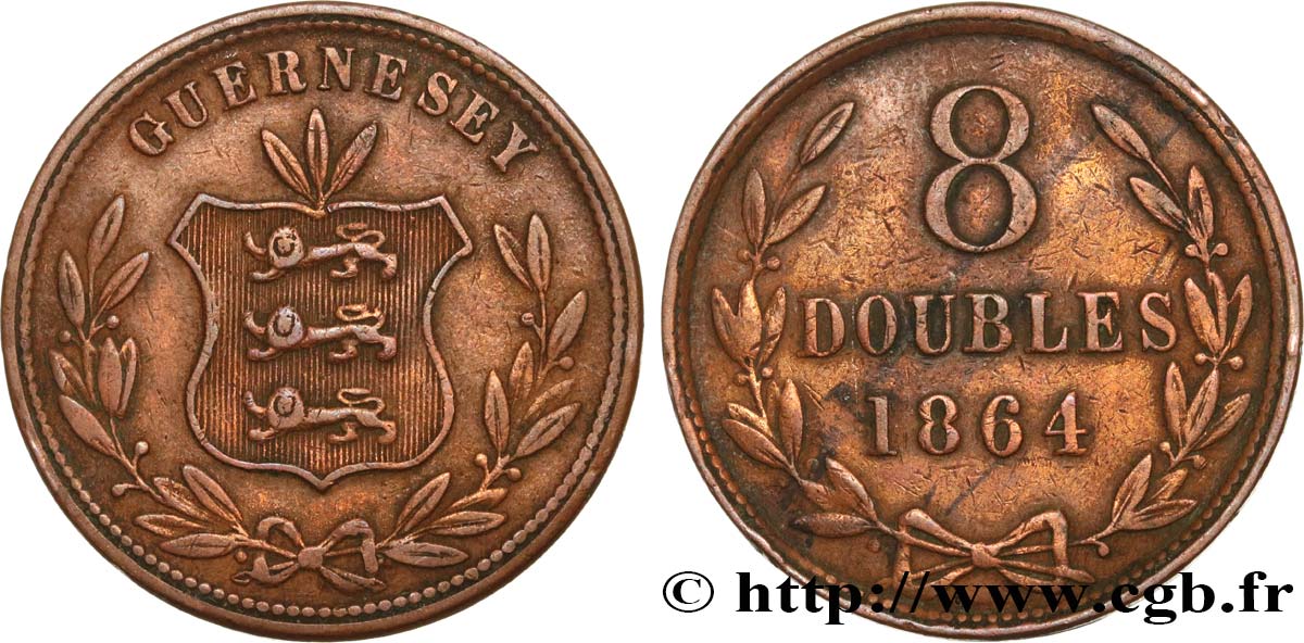 GUERNESEY 8 Doubles armes du baillage de Guernesey 1864 Heaton TTB 
