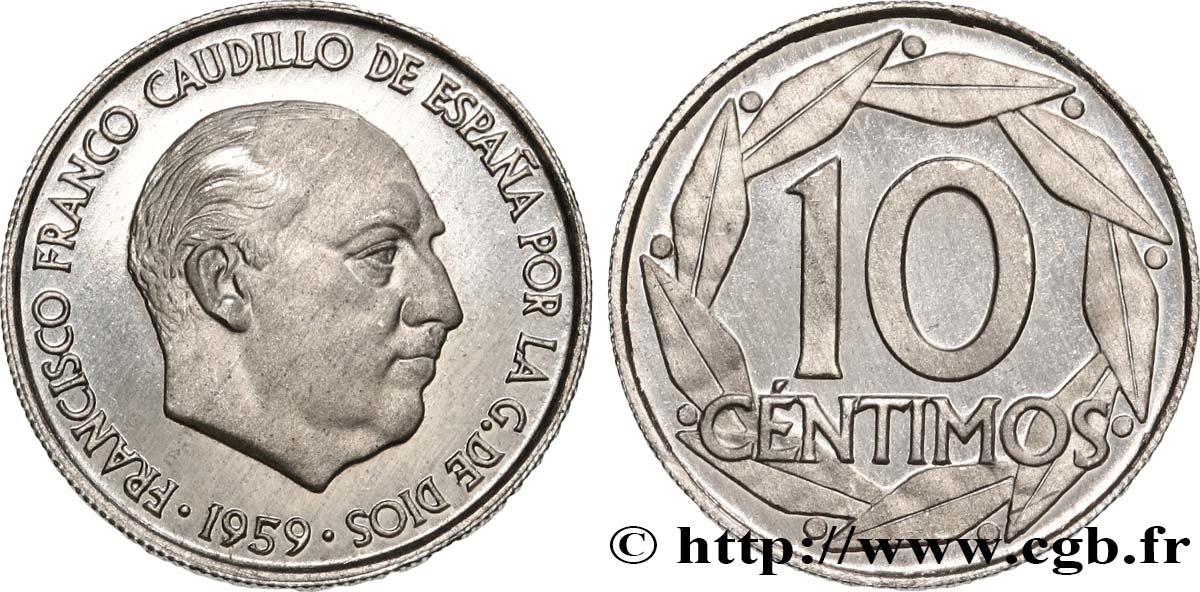 SPAIN 10 Centimos Proof Francisco Franco  1959 Madrid MS 