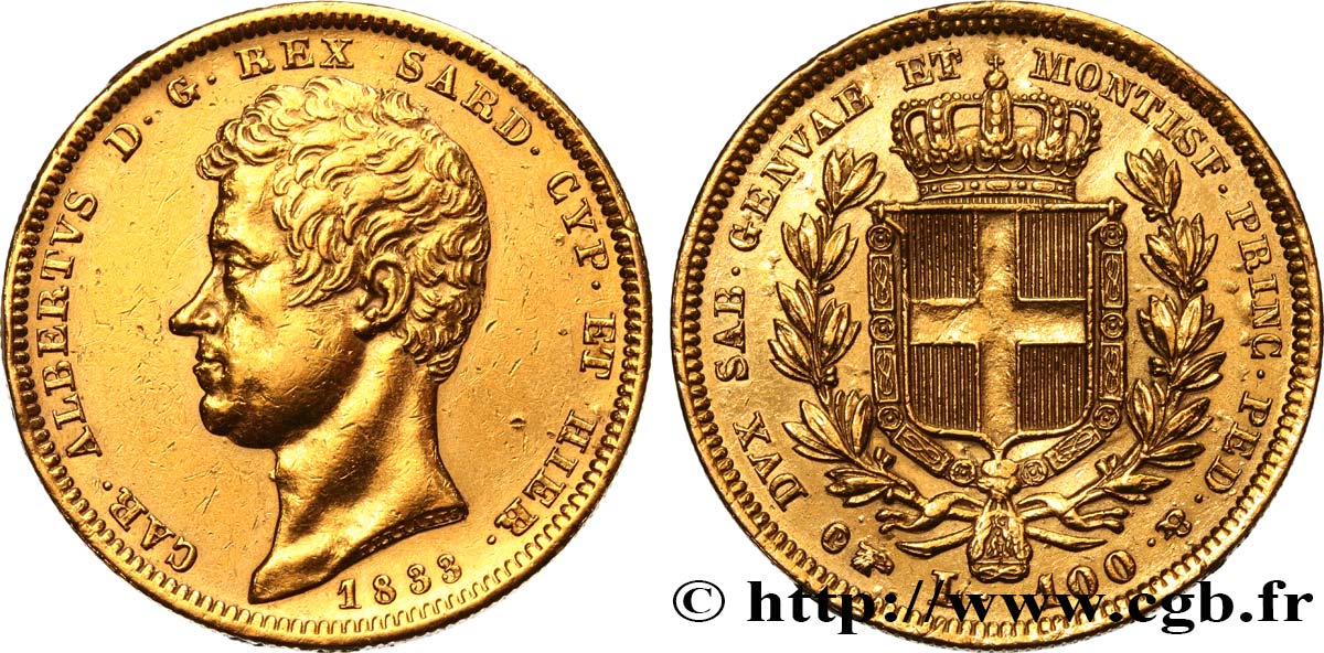 ITALIE - ROYAUME DE SARDAIGNE - CHARLES-ALBERT 100 Lire 1833 Turin TTB+ 