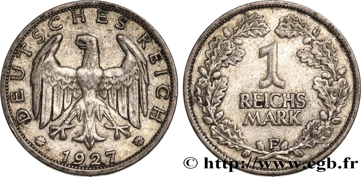 ALLEMAGNE 1 Reichsmark aigle héraldique 1927 Stuttgart TB+ 