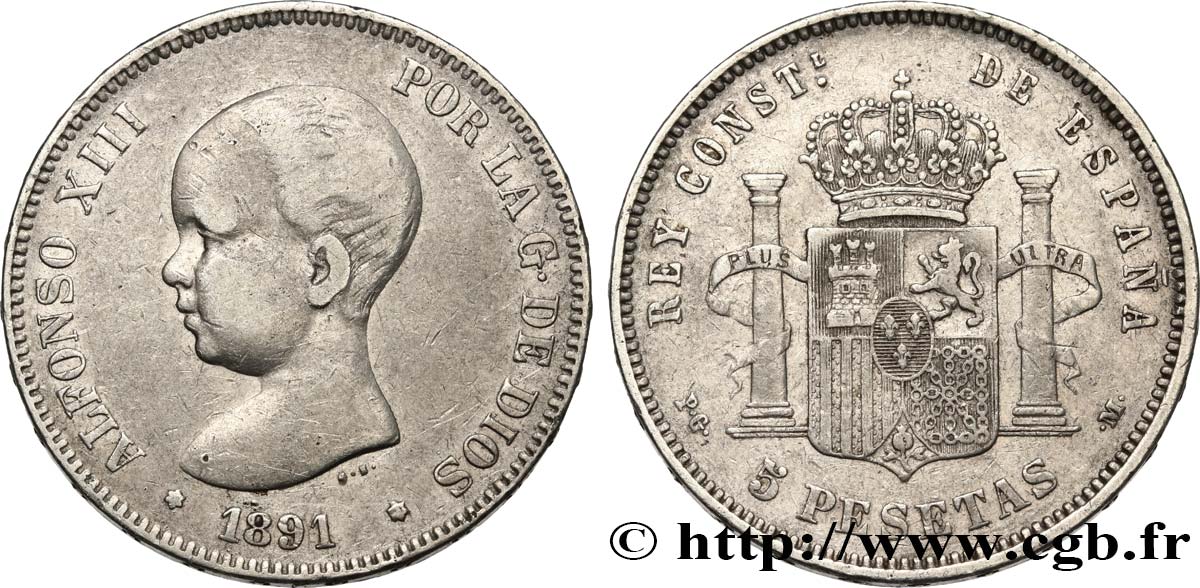 ESPAÑA 5 Pesetas Alphonse XIII 1er type 1891 Madrid BC+/MBC 