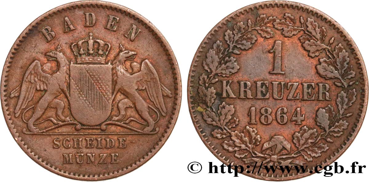 ALLEMAGNE - BADE 1 Kreuzer Grand-Duché de Bade 1864  TB+ 