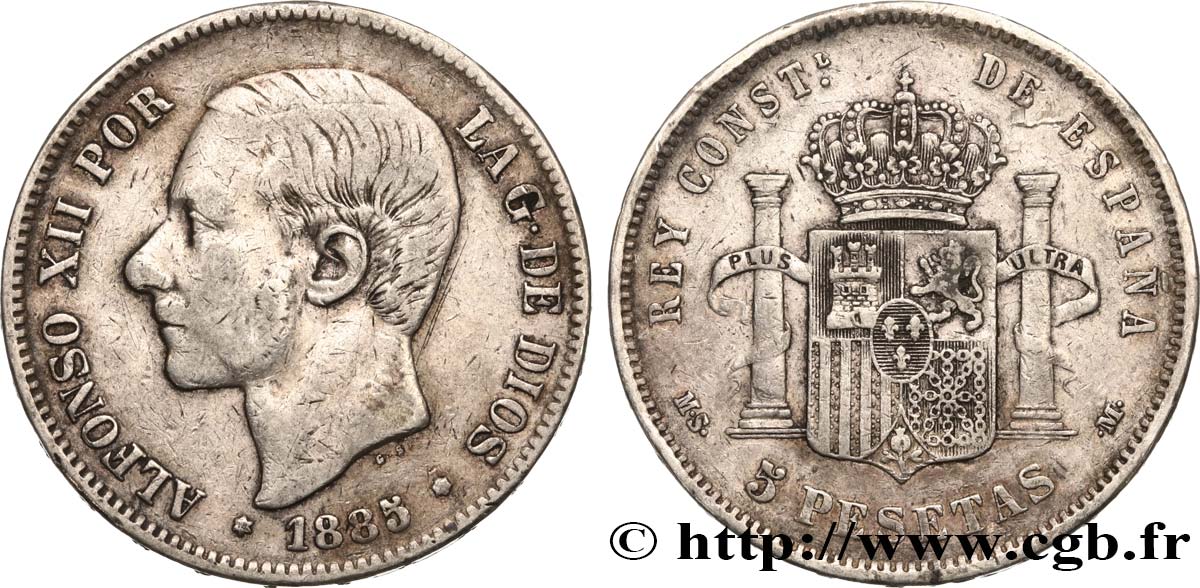 SPAIN 5 Pesetas Alphonse XII (1887) 1885 Madrid VF 