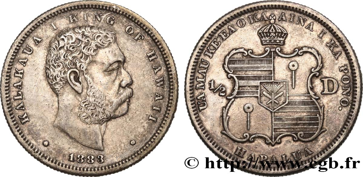 HAWAII 1/2 Dollar roi Kalakaua Ier 1883 San Francisco SS 