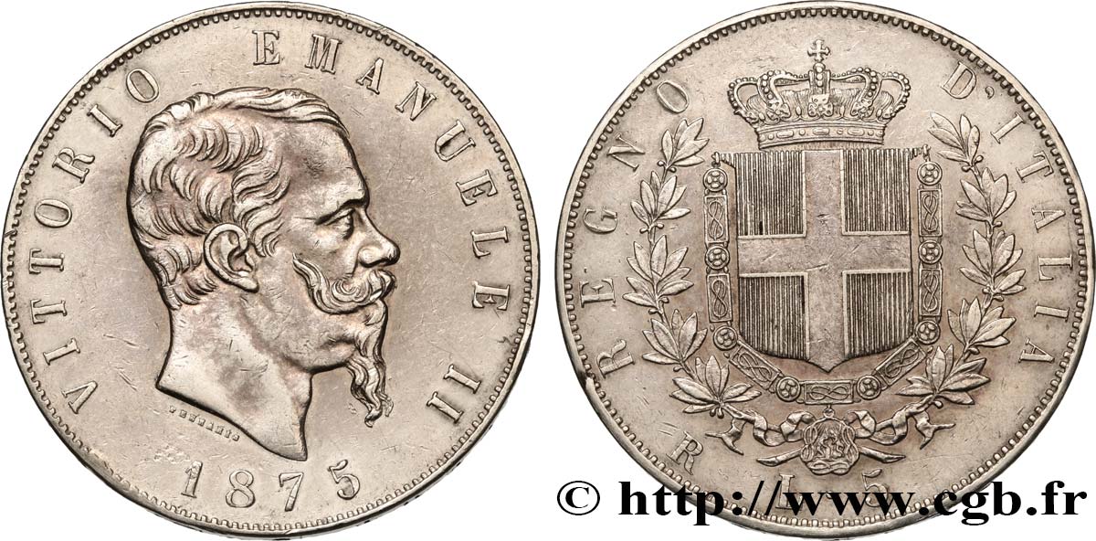 ITALIA 5 Lire Victor Emmanuel II 1875 Rome  q.SPL 