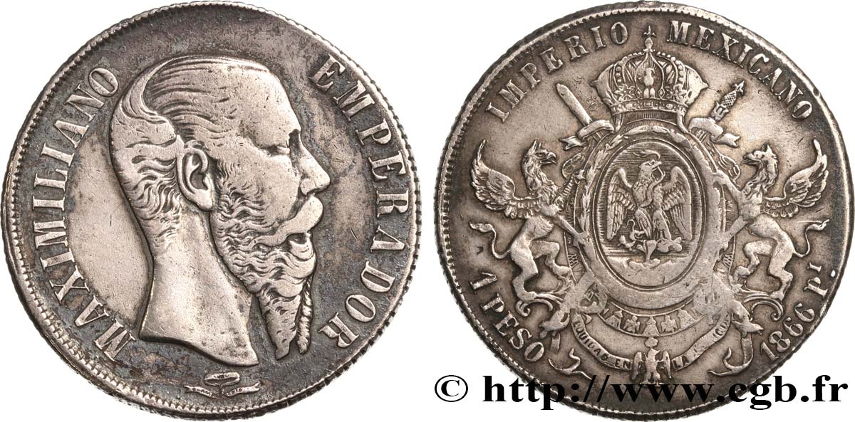 MEXIKO 1 Peso Empereur Maximilien 1866 Mexico fSS/SS 