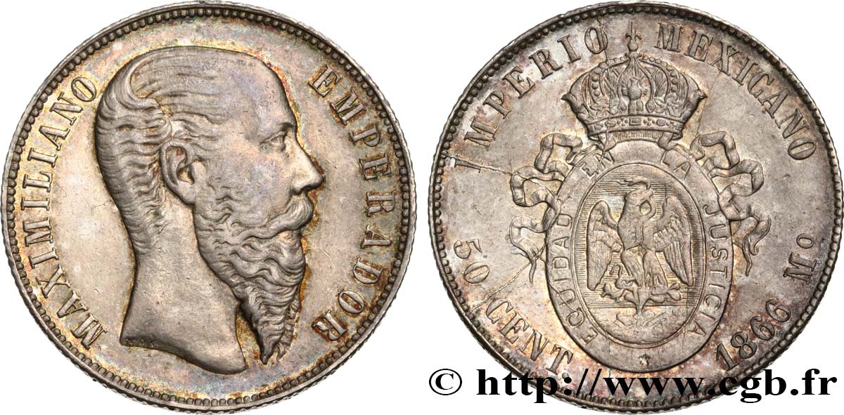 MEXICO - MAXIMILIAN I 50 Centavos 1866 Mexico AU/MS 