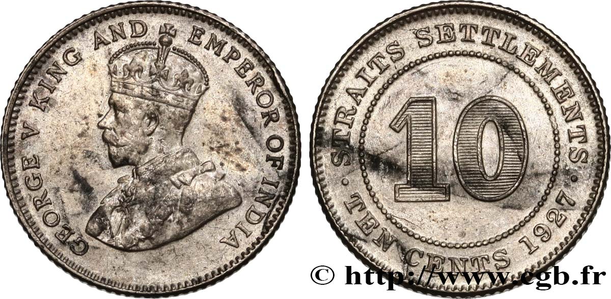 Straits Settlements 1927 Silver 10 Cents Coin.
