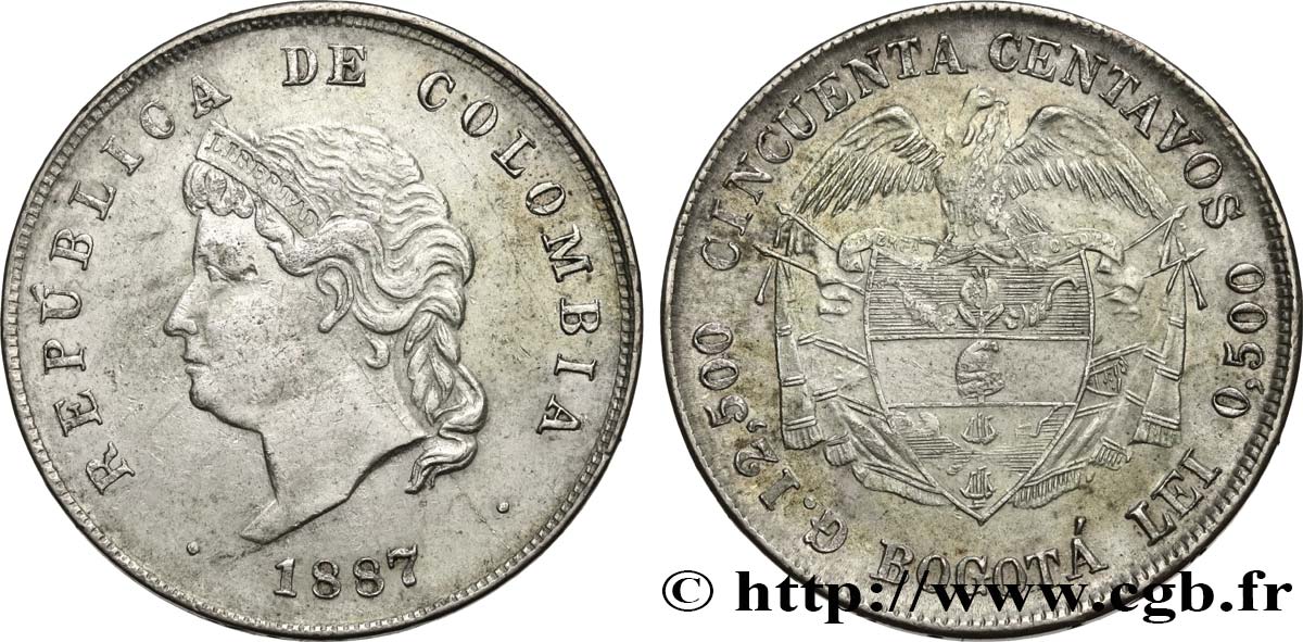 COLOMBIA 50 Centavos 1887  XF 