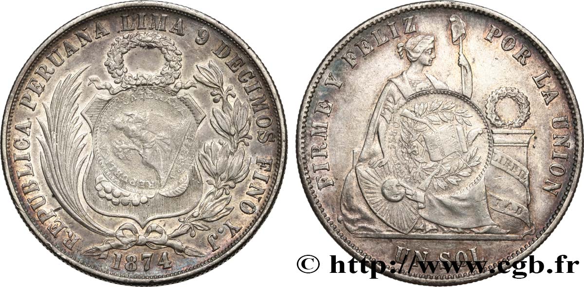 RÉPUBLIQUE DU GUATEMALA Peso, contremarqué sur une 1 Sol du Pérou 1874 1894 Lima XF 