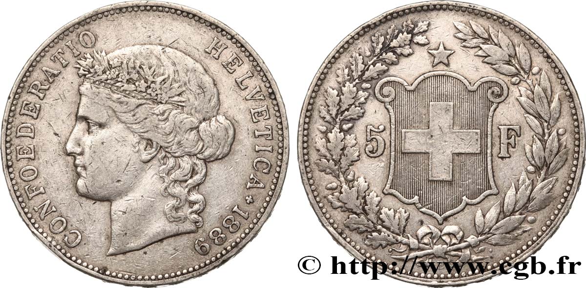 SWITZERLAND 5 Francs Helvetia 1889 Berne XF 