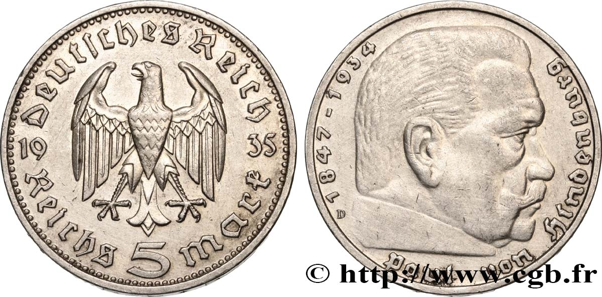 GERMANY 5 Reichsmark Maréchal Paul von Hindenburg 1935 Munich AU/AU 