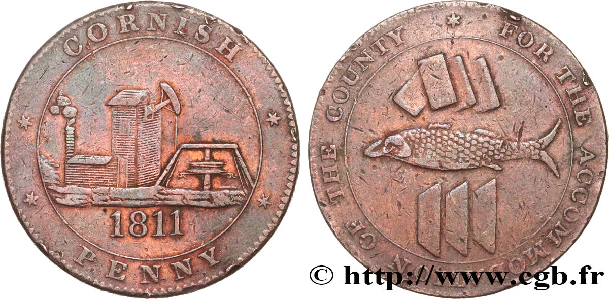 BRITISH TOKENS OR JETTONS 1 Penny “Cornish Penny” Scorrier House (Redruth) 1811  VF 