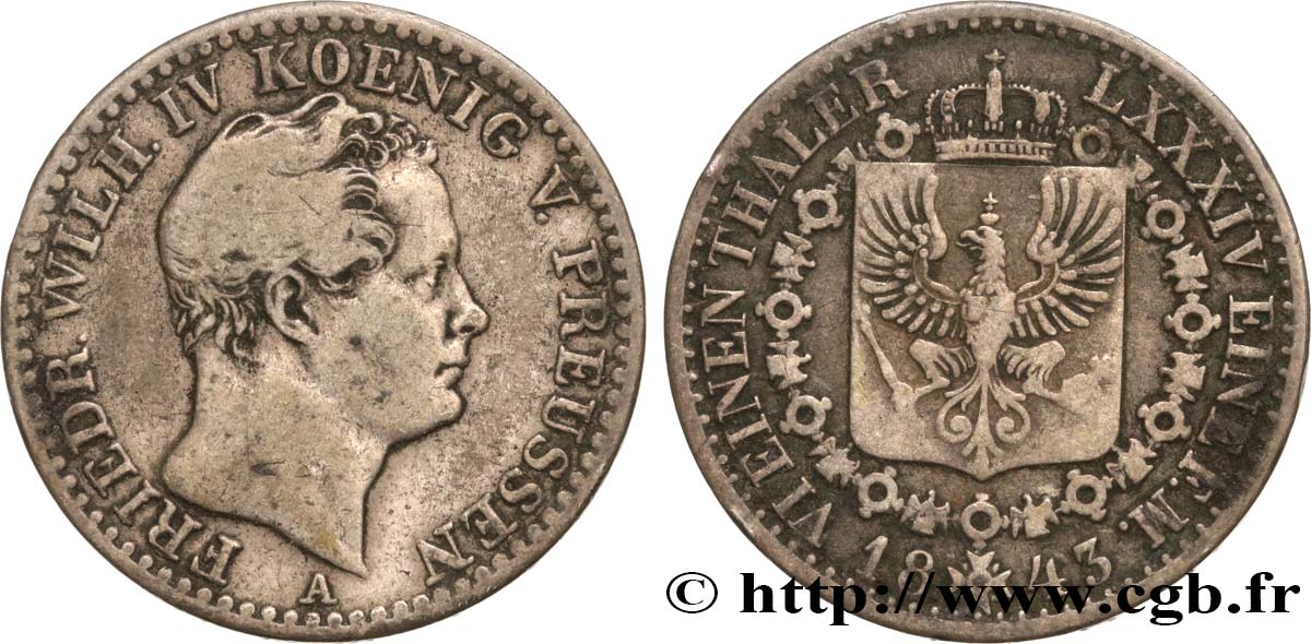 GERMANY - PRUSSIA 1/6 Thaler Frédéric Guillaume IV 1843 Berlin VF 