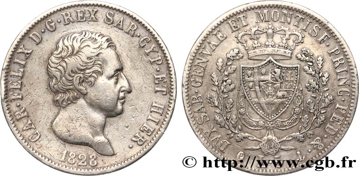 ITALY - KINGDOM OF SARDINIA 5 Lire Charles Félix 1828 Gênes XF 