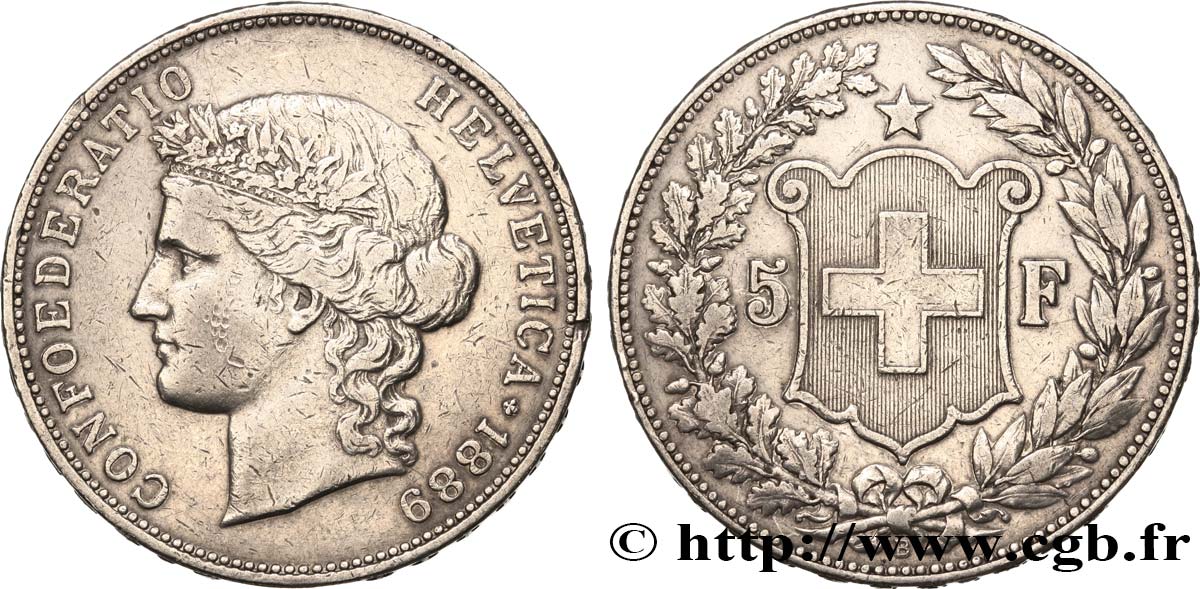 SVIZZERA  5 Francs Helvetia 1889 Berne BB 