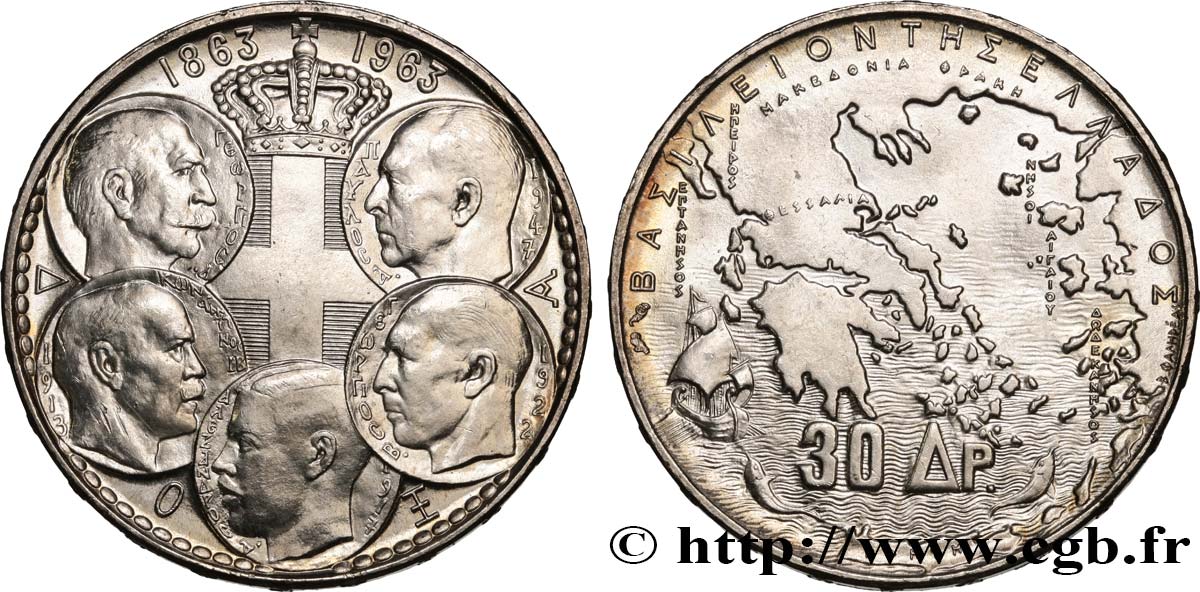 GREECE 30 Drachmes Centenaire de la dynastie danoise 1963  MS 