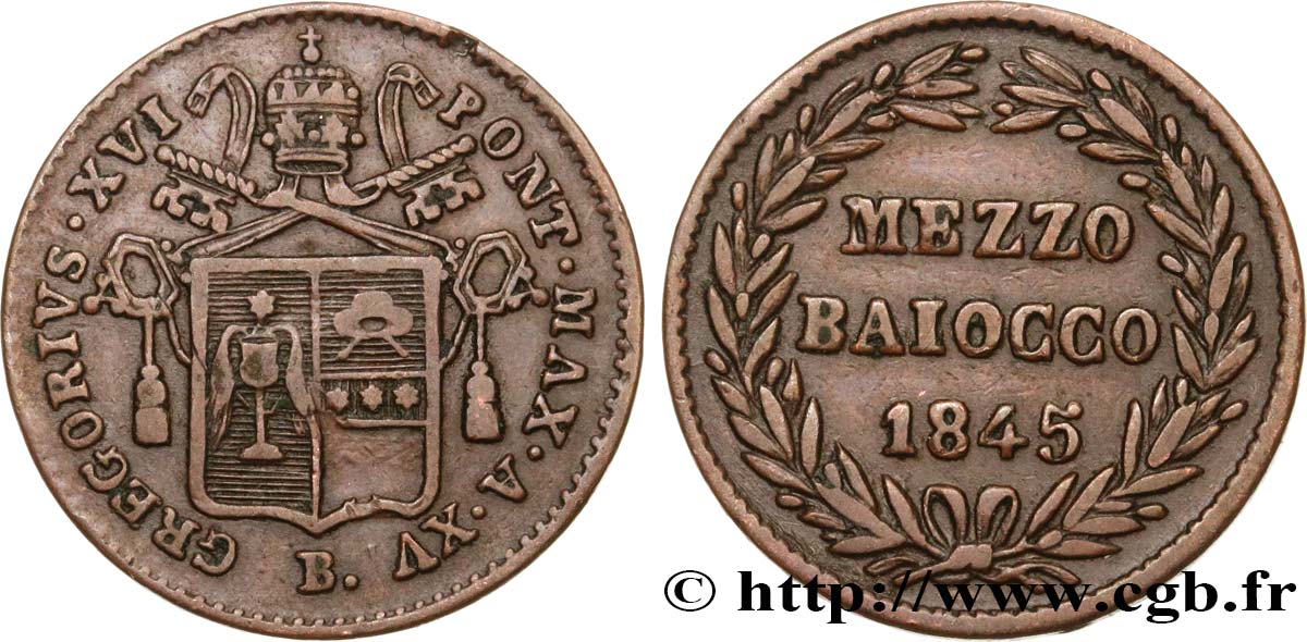 ITALY - PAPAL STATES - GREGORY XVI (Bartolomeo Alberto Cappellari) 1/2 Baiocco an XV 1845 Rome XF 