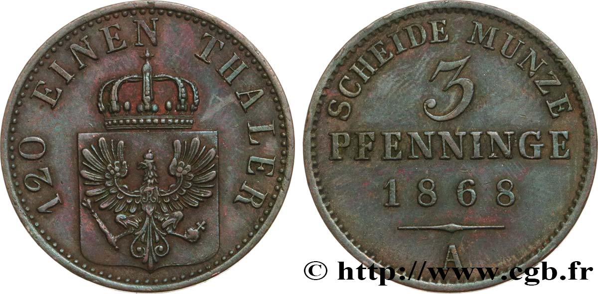 GERMANY - PRUSSIA 3 Pfenninge 1868 Berlin VF 
