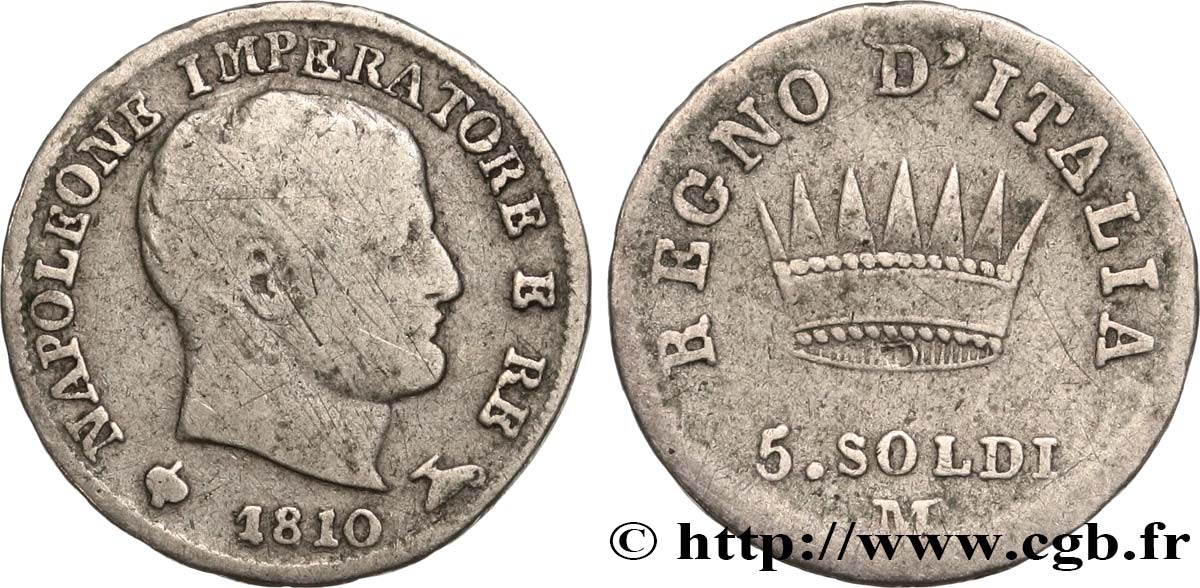 ITALY - KINGDOM OF ITALY - NAPOLEON I 5 Soldi 1810 Milan VF 